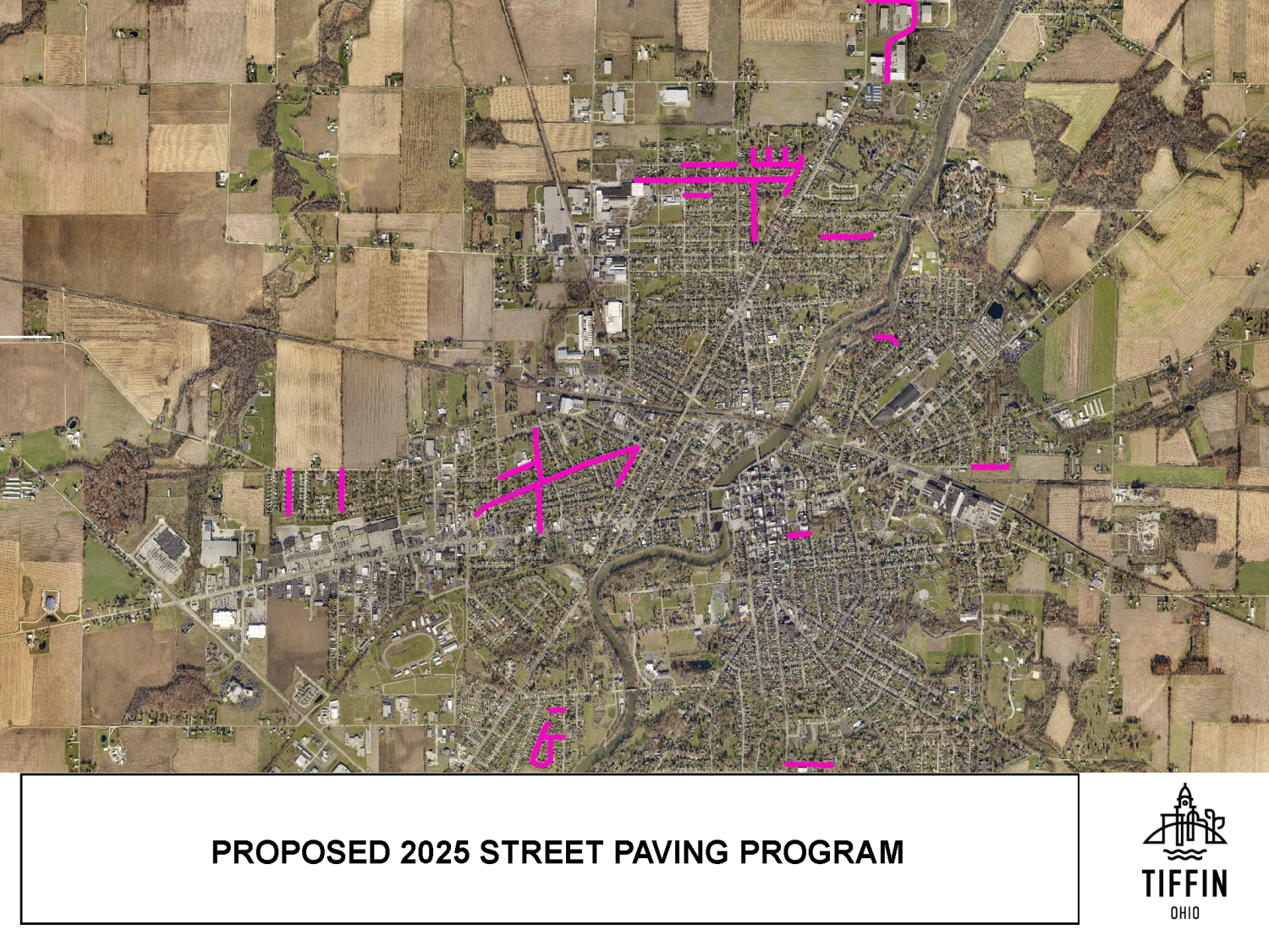 Map of Tiffin showing streets to be paved in pink