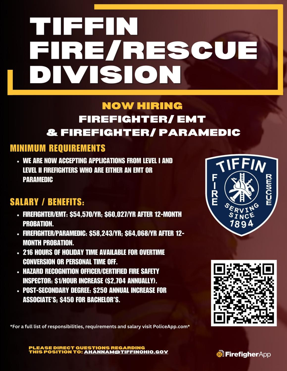 A flyer with information about an open position for the Tiffin Fire/Rescue Division