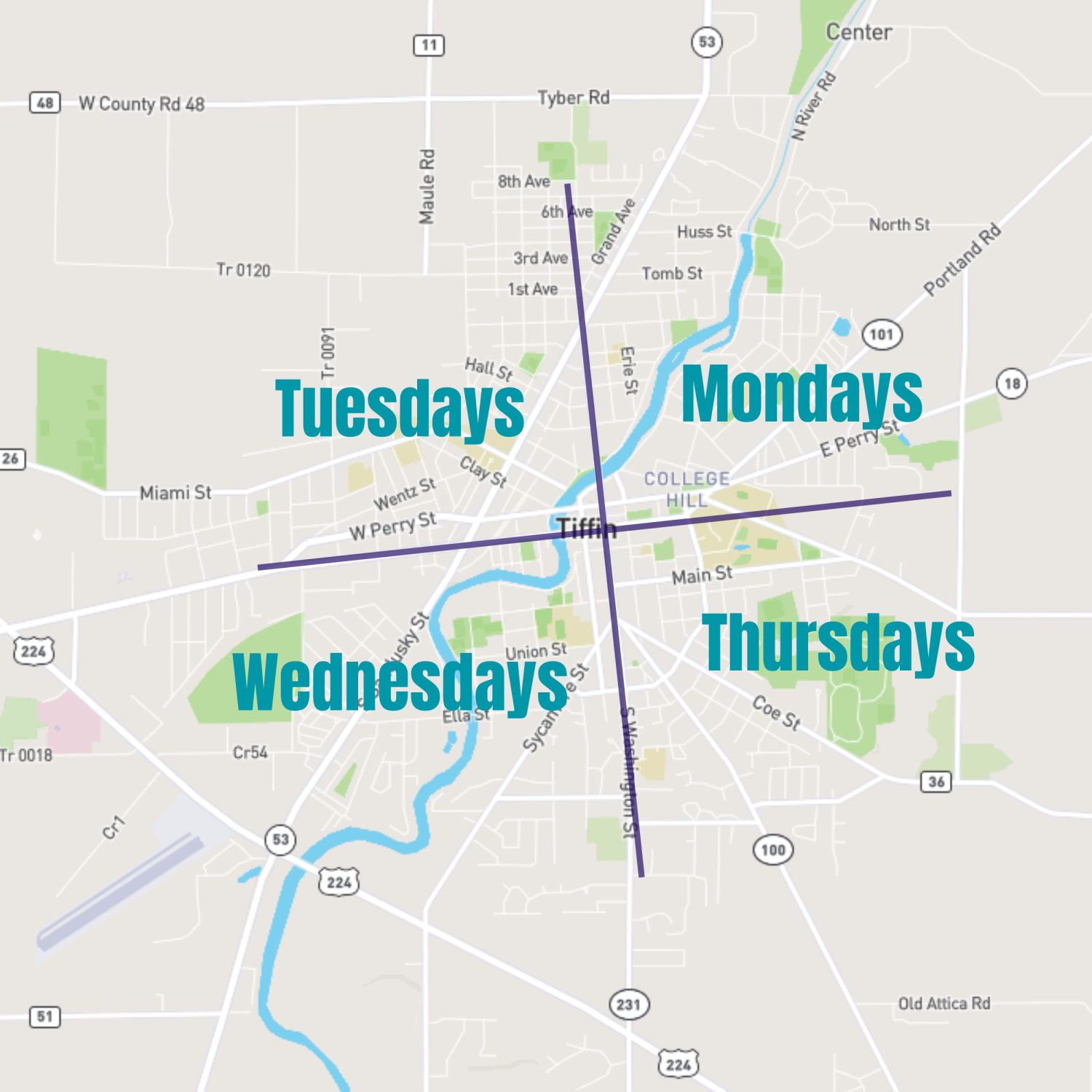 A map of Tiffin showing quadrants for leaf collection days