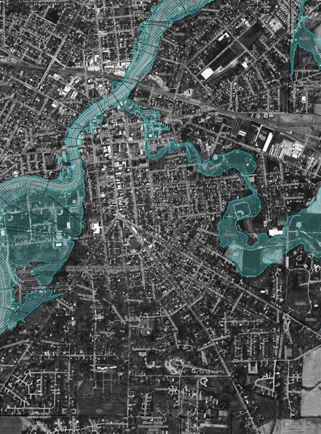 Map of Tiffin showing the flood plain in blue.