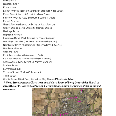 2025 City of Tiffin Pavement Repair Program with corresponding map showing roads to be repaved or repaired