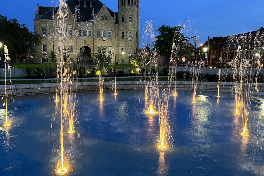 A photo shows the splash pad at National Corner in downtown Tiffin during the evening light show