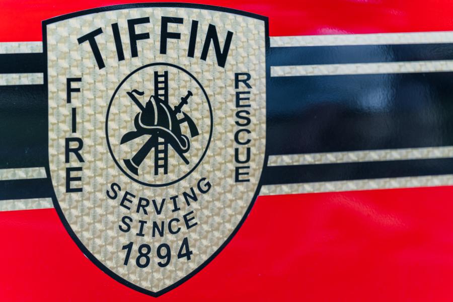 Logo for the Tiffin Fire/Rescue Division is pictured on a fire vehicle