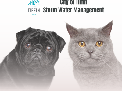 Image showing a black dog and grey cat with the City of Tiffin, Ohio logo and the words "City of Tiffin Storm Water Management