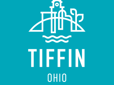 Dark turquoise background with white City of Tiffin logo