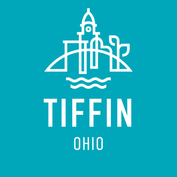 Dark turquoise background with white City of Tiffin logo